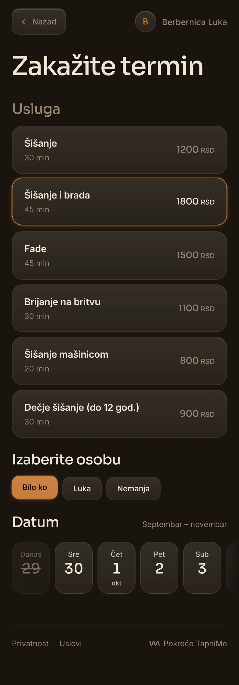 Ispod spiska usluga, u kome je označeno „Šišanje i brada”, klijent bira osobu (Bilo ko, Luka ili Nemanja), a na traci sa datumima današnji dan je precrtan.