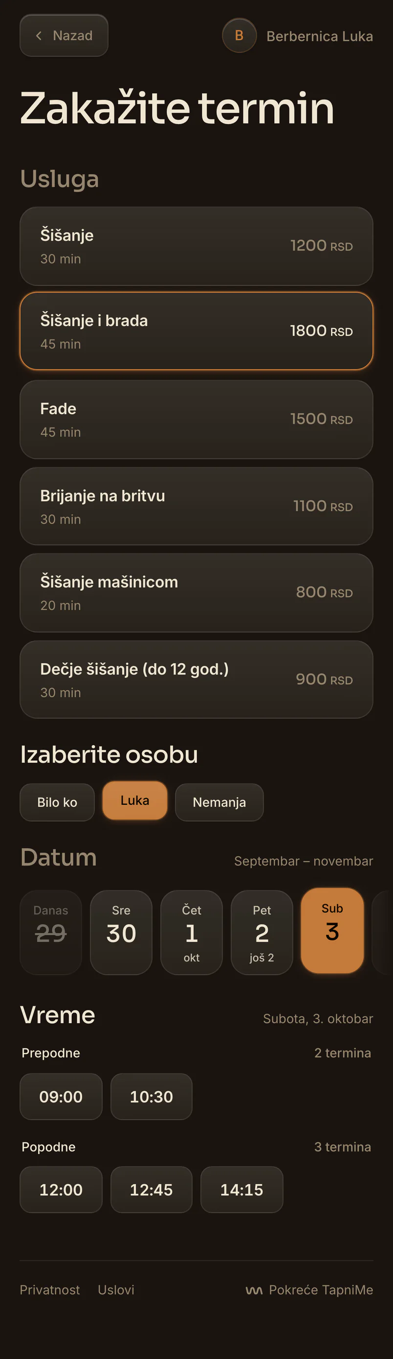 Izabrana usluga, osoba Luka i subota na traci sa datumima, a ispod slobodna vremena: dva prepodne i tri popodne.