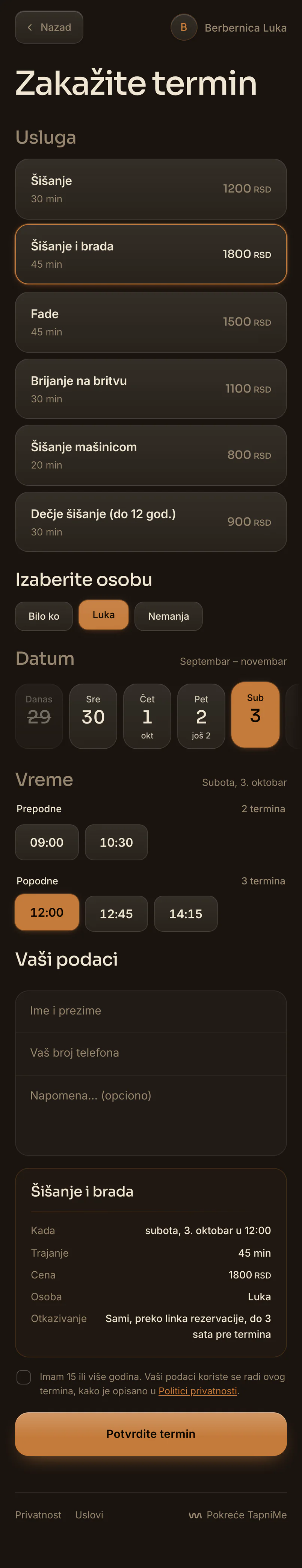 Zakazivanje pre potvrde: izabrano vreme, ime i telefon, i kartica sa uslugom, trajanjem i rokom do kog klijent sam otkazuje termin.