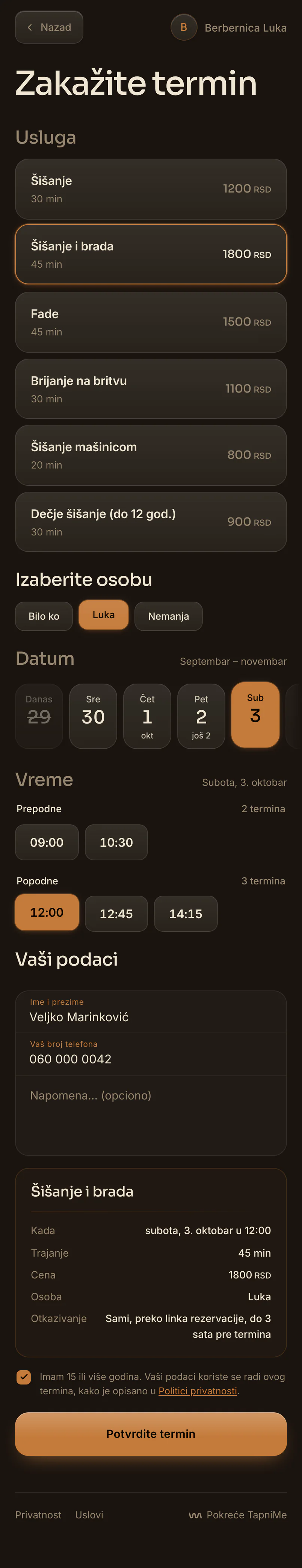 Izabrano vreme u 12:00, ispod njega „Vaši podaci” sa upisanim imenom i brojem, kartica termina sa danom, trajanjem, osobom i redom „Otkazivanje”, pa dugme „Potvrdite termin”.