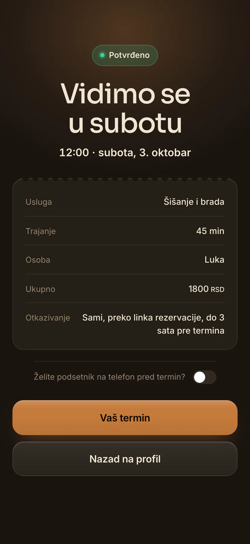 Potvrda „Potvrđeno”, „Vidimo se u subotu”, podaci o terminu, pitanje da li klijent želi obaveštenje na telefon pred termin i dugme „Vaš termin”.