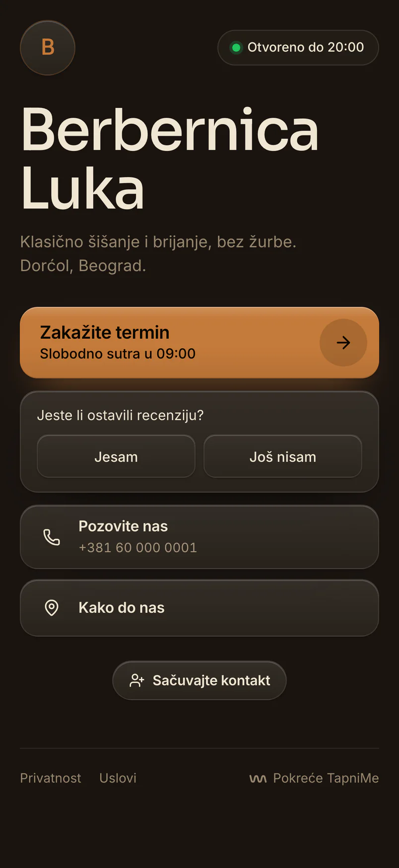 Stranica berbernice: ispod dugmeta „Zakažite termin” pitanje „Jeste li ostavili recenziju?” sa dugmadima „Jesam” i „Još nisam”, pa „Pozovite nas” i „Kako do nas”.