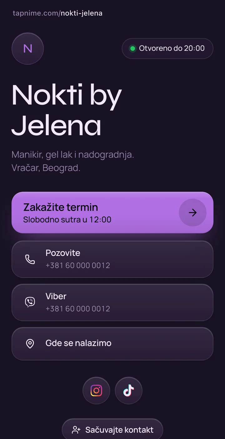 Stranica salona za nokte Nokti by Jelena: dugme „Zakažite termin” sa linijom „Slobodno sutra u 12:00”, ispod redovi Pozovite, Viber i „Gde se nalazimo”, pa Instagram, TikTok i „Sačuvajte kontakt”.