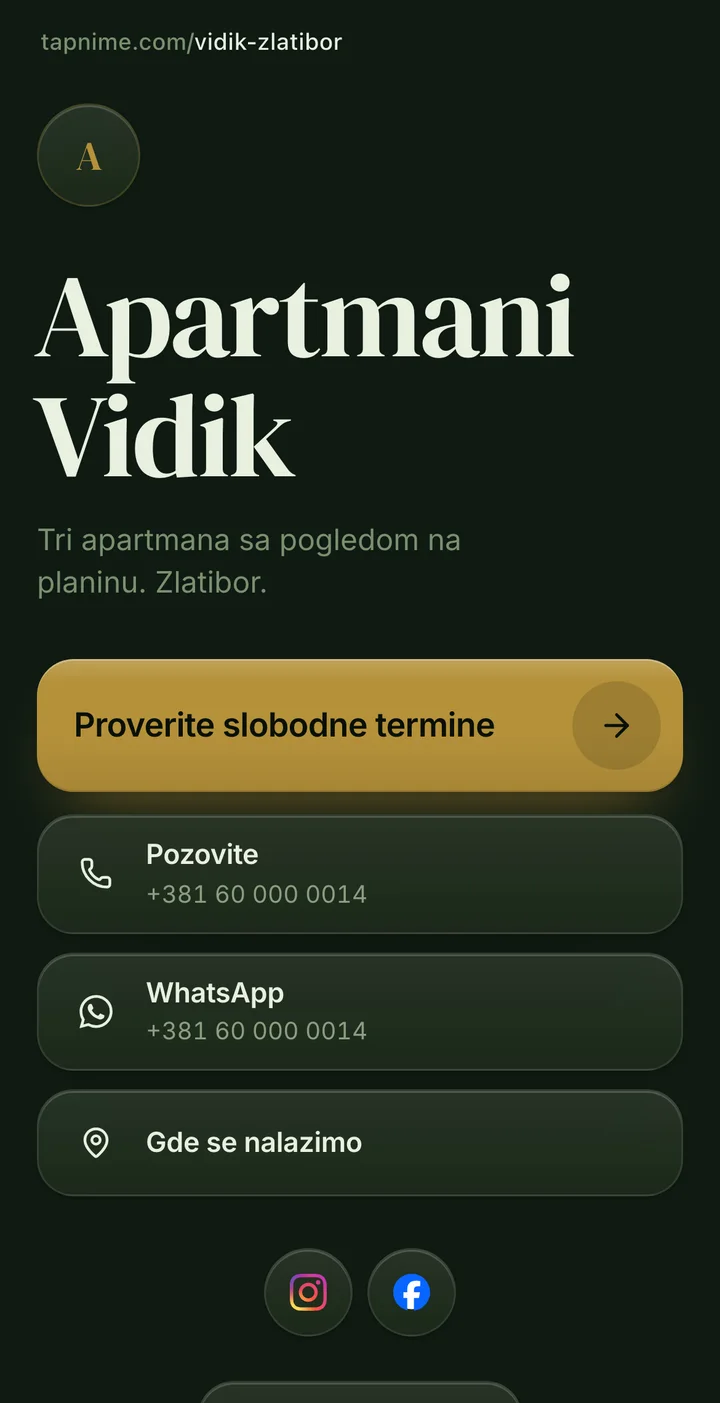 Stranica Apartmana Vidik na Zlatiboru: dugme „Proverite slobodne termine”, „Pozovite”, WhatsApp i „Gde se nalazimo”.