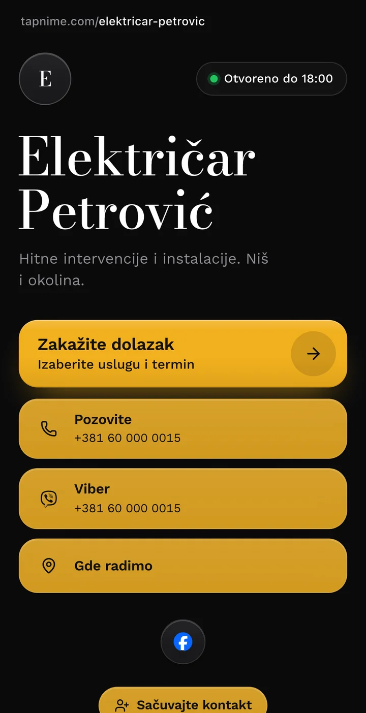 Stranica izmišljenog Električara Petrovića: naziv, opis „Hitne intervencije i instalacije. Niš i okolina.”, dugme „Zakažite dolazak” i žuti redovi „Pozovite”, „Viber” i „Gde radimo”.